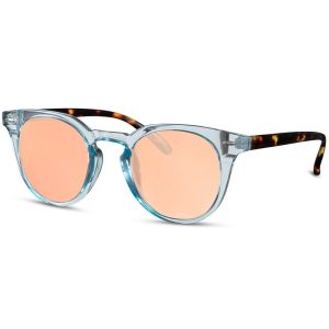 Blå transparente Clubmaster style solbriller med brun turtle stænger og orange glas